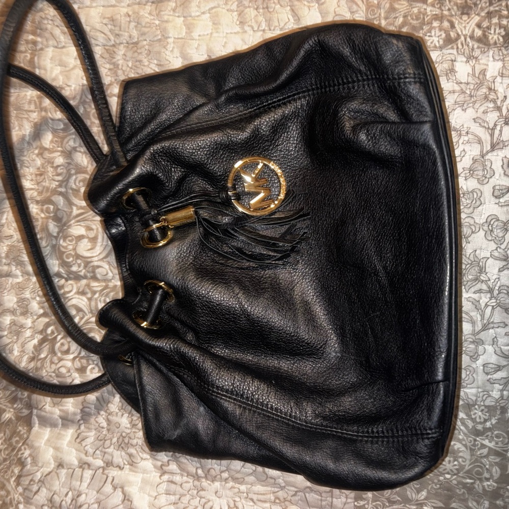 Michael Kors Black Leather Shoulder Bag with Gold Accents